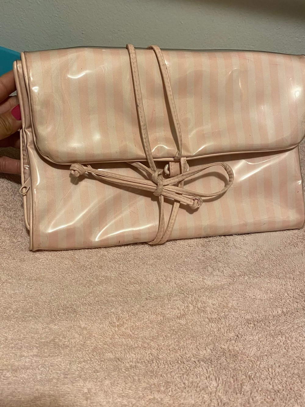Vintage Victoria's Secret Light Pink Striped Vinyl Travel Clutch